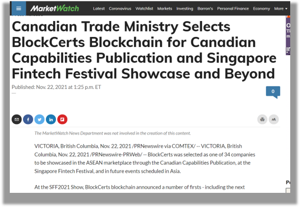 Canadian Trade Ministry Selects BlockCerts Blockchain & Top 34 Tech Companies