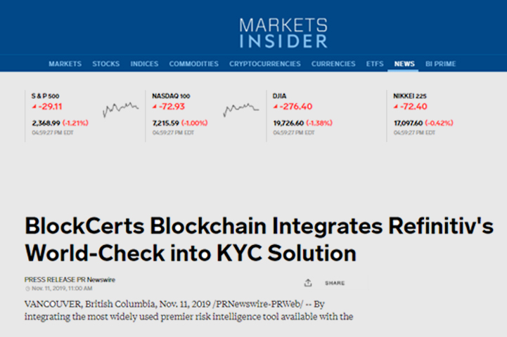 BlockCerts Blockchain Integrates Refinitiv’s World-Check into the KYC Solution
